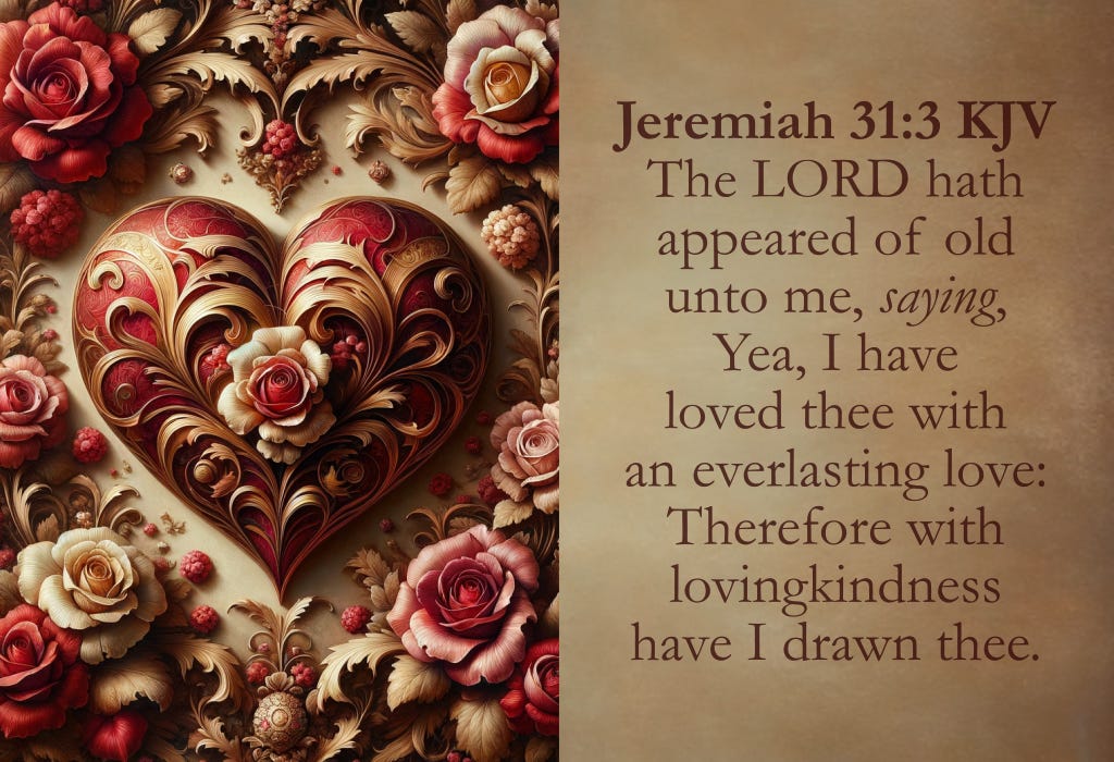 Elegant **Jeremiah 31:3 KJV** scripture art featuring an ornate red and gold heart surrounded by intricate roses and floral designs. The background has a vintage parchment texture with the Bible verse emphasizing God's everlasting love and kindness. The rich, decorative elements create a warm, romantic, and spiritual aesthetic.