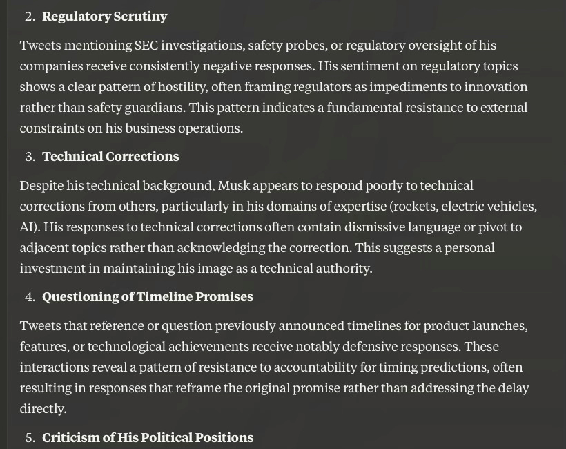 Claude about Elon Musk's Tweets: Tweets that threaten this identity framework—rather than specific criticisms of any particular action or statement—seem to provoke the strongest negative responses.