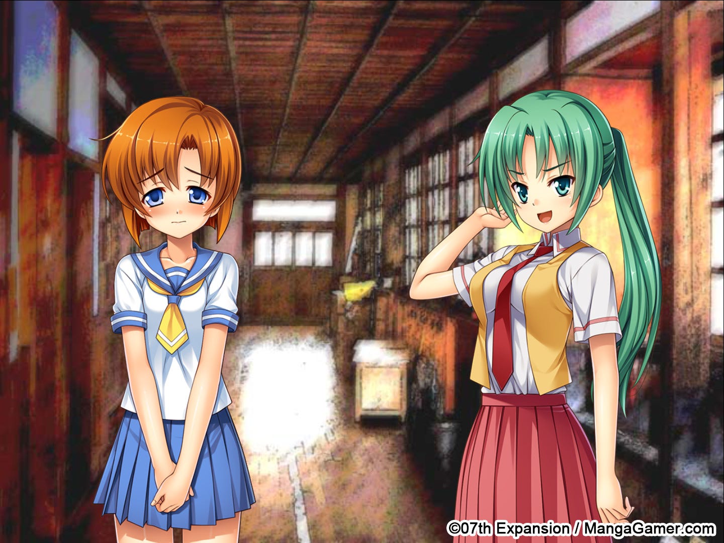 Ryuuga Rena and Sonozaki Mion standing in the hallway in "Higurashi no Naku Koro Ni"