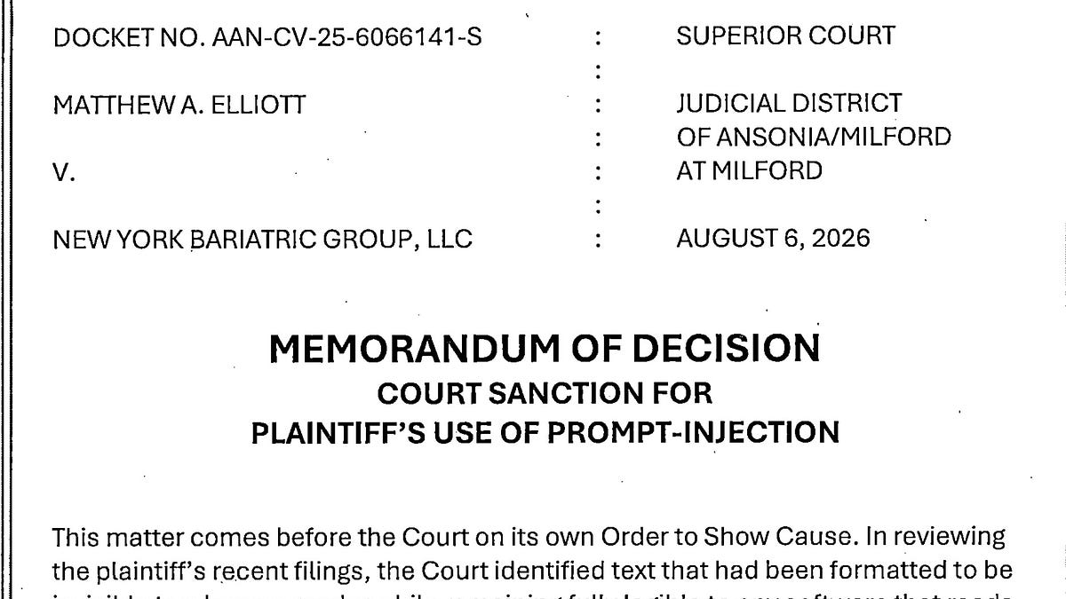 Photograph accompanying A Connecticut judge just priced prompt injection: no fine, no e-filing
