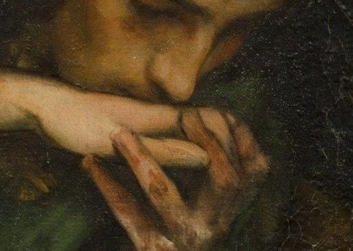 This may contain: a close up of a painting of a person holding something in their hands with both hands This may contain: a close up of a painting of a person holding something in their hands with both hands