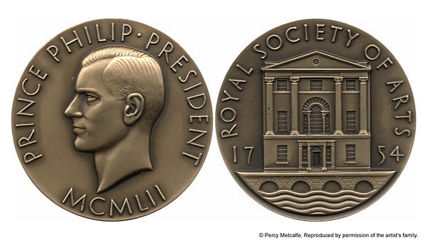 A bronze medal with a portrait of Prince Philip (left) and the frontage to the Royal Society of Arts Building (right).