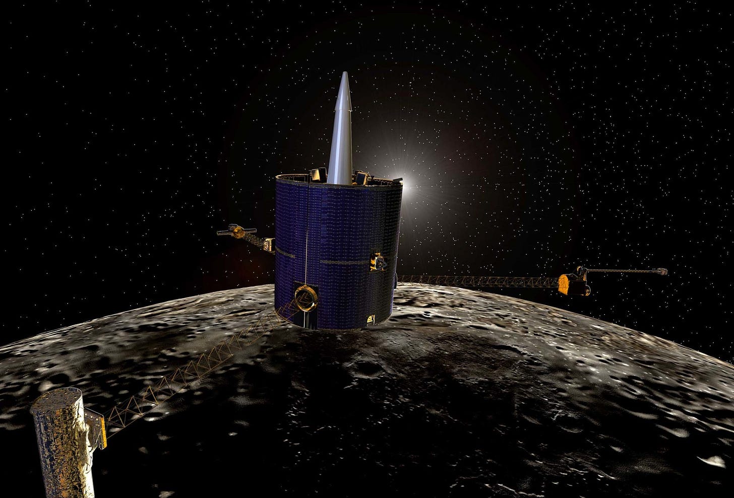 A computer-generated image of the Lunar Prospector spacecraft, shaped like a large blue cylinder with a silver spike protruding from one flat side. Three long arms extend from the rounded sides of the cylinder. The cratered lunar surface is in the background below a black sky full of stars, and the spacecraft is just blocking out the light of the sun. A computer-generated image of the Lunar Prospector spacecraft, shaped like a large blue cylinder with a silver spike protruding from one flat side. Three long arms extend from the rounded sides of the cylinder. The cratered lunar surface is in the background below a black sky full of stars, and the spacecraft is just blocking out the light of the sun.