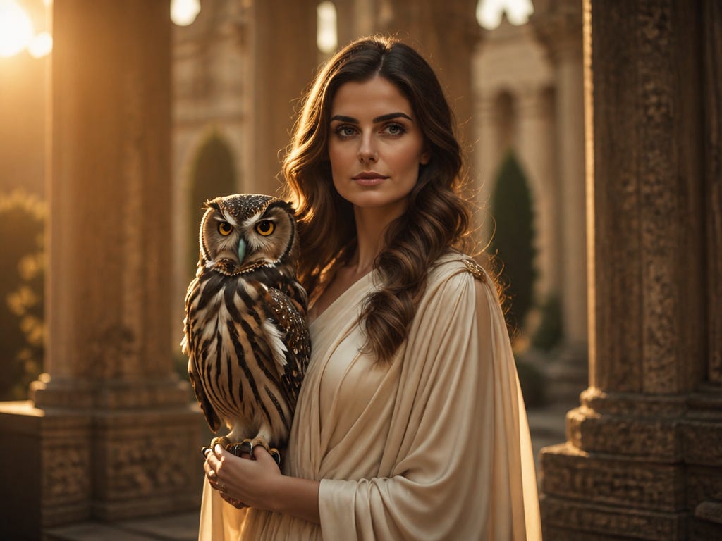 AthenA woman, standing tall in soft golden light, wearing an elegant draped ivory dress, an owl perched on her outstretched arm, ancient stone architecture in the background, photorealistic, cinematic lighting, warm gold and amber tones AthenA woman, standing tall in soft golden light, wearing an elegant draped ivory dress, an owl perched on her outstretched arm, ancient stone architecture in the background, photorealistic, cinematic lighting, warm gold and amber tones