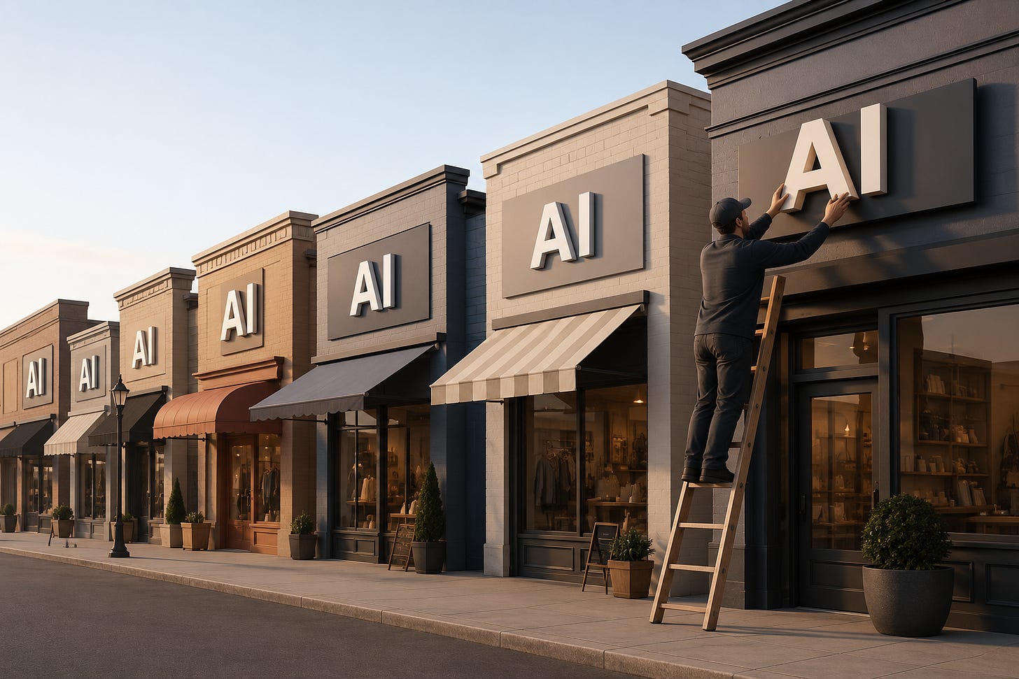 A person on a ladder installs an “AI” sign above a storefront while neighboring businesses on the same street display similar AI branding.