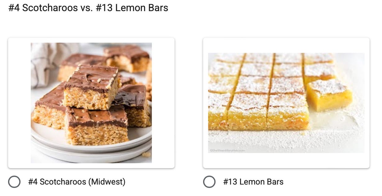 Pairing #4 Scotcharoos vs #13 Lemon Bars.