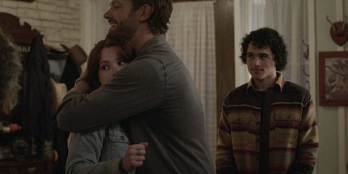 Cordell Walker hugging unhappy Stella while jealous Colton wants to be in Jared Padalecki's warm arms. Cordell Walker hugging unhappy Stella while jealous Colton wants to be in Jared Padalecki's warm arms.