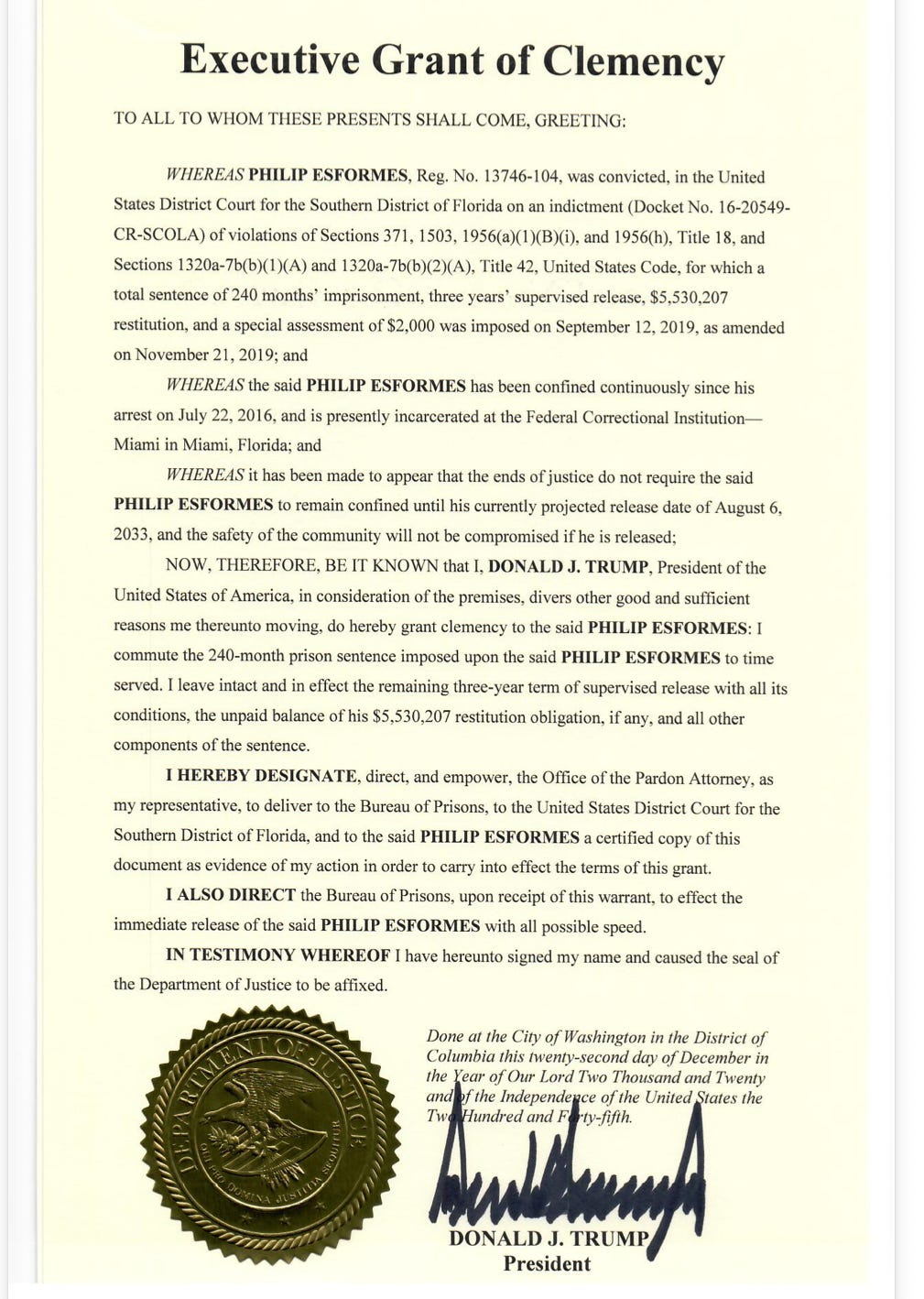 Clemency document for Philip Esformes Clemency document for Philip Esformes