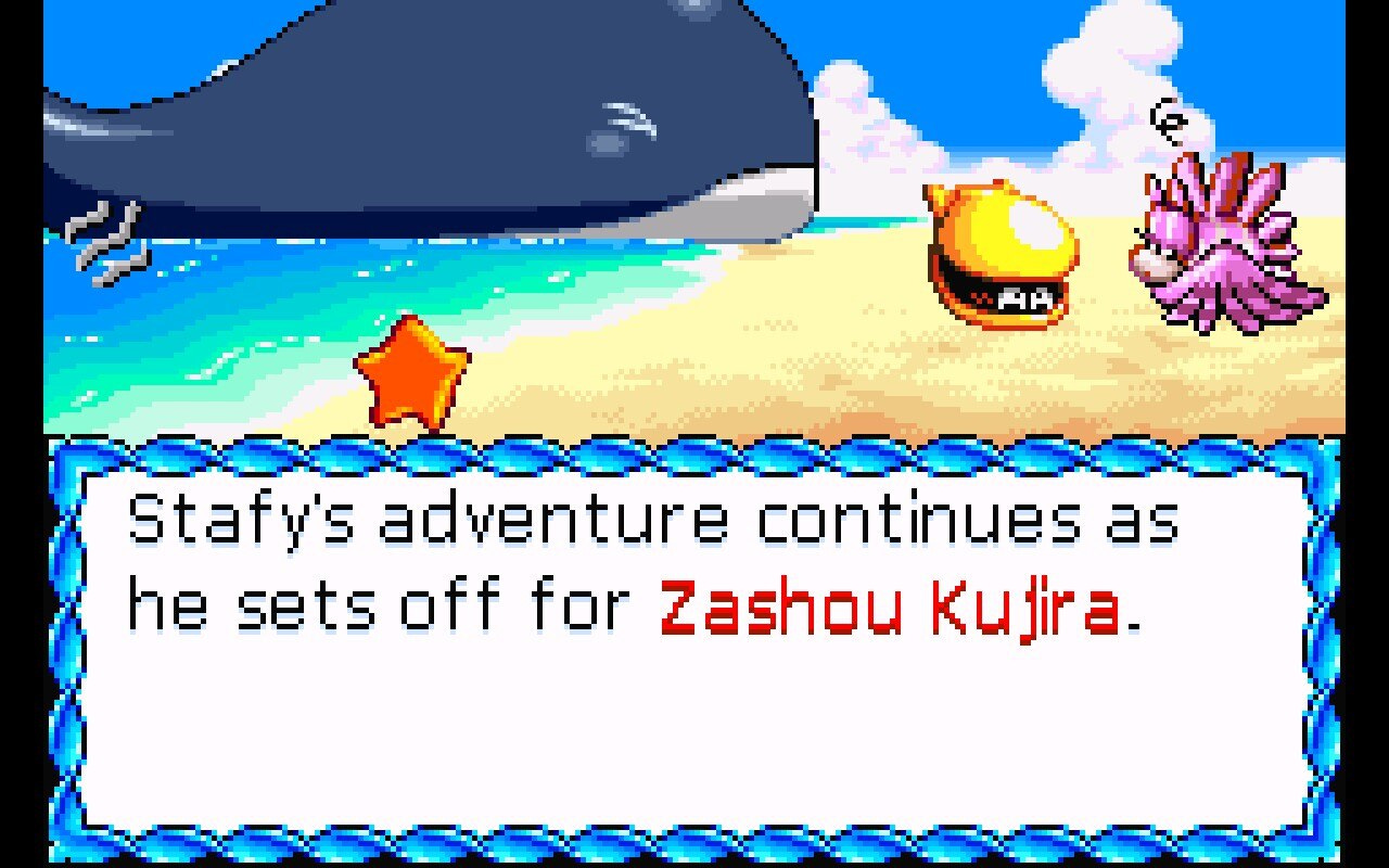 A screenshot of an interstitial between levels, showing the whale Starfy and his clam companion set off to find, while said clam flirts with a fish, actively blushing while doing so. The text reads, "Stafy's adventure continues as he sets off for Zashou Kujira," which is the whale in question.