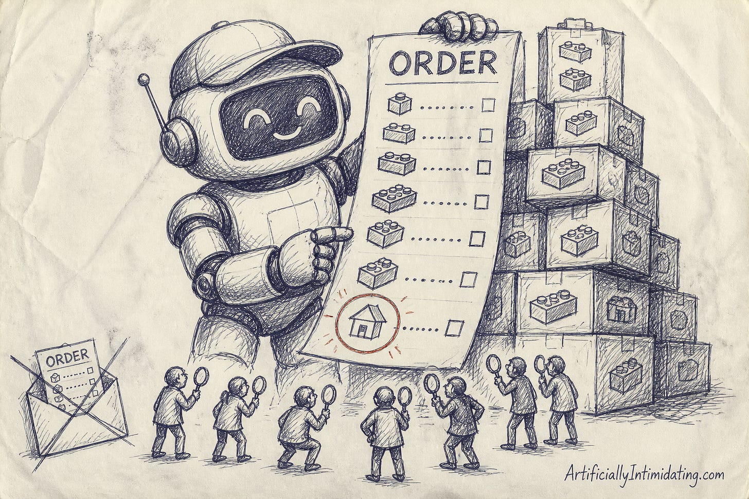 A giant friendly robot in a delivery cap holds up an enormous order slip headed ORDER, with a house doodle circled in red, in front of tiny onlookers with magnifying glasses and a tower of toy-brick boxes.