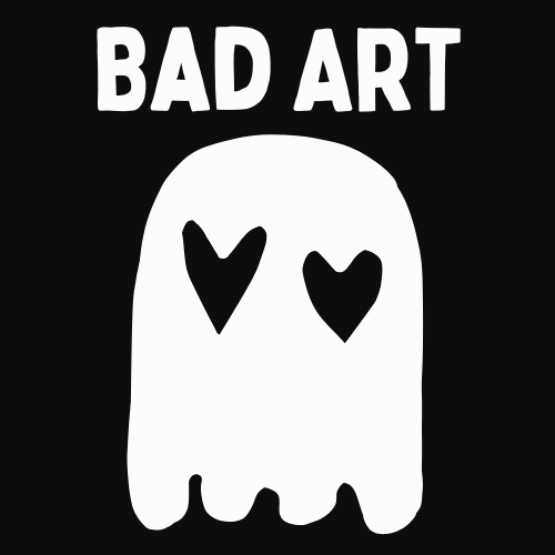 black square background with "BAD ART" written in white on top and a pac-man-inspired ghost with heart eyes below the text.