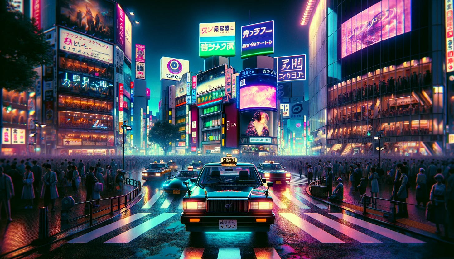 A cyberpunk-themed depiction of Shibuya crossing, Tokyo. The scene is bustling with neon lights and futuristic advertisements. A few Japanese taxis, distinguishable by their unique design, and some classic cars from the late 20th century are driving through the crossing. The streets are wet, reflecting the neon lights, adding to the cyberpunk ambiance. Millions of pedestrians, dressed in a mix of traditional and futuristic fashion, are waiting on the crowded sidewalks, surrounded by holographic signs and digital billboards. The time is evening, with a dark, yet vibrant sky.
