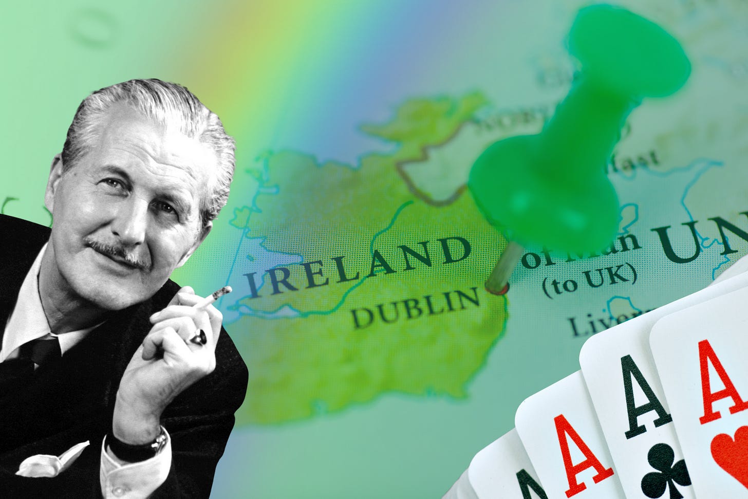 A photo of Dai Vernon with a map of Ireland and a rainbow behind him. There are the indices of the four Aces in the foreground.