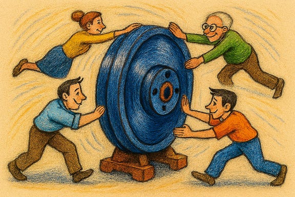 edit the previous wide color drawing of a spinning energy flywheel with cartoon-style people so that the man in the lower left is no longer holding a handle and is instead touching the outer edge of the wheel like the others, and ensure all characters are flinging the wheel in the same direction