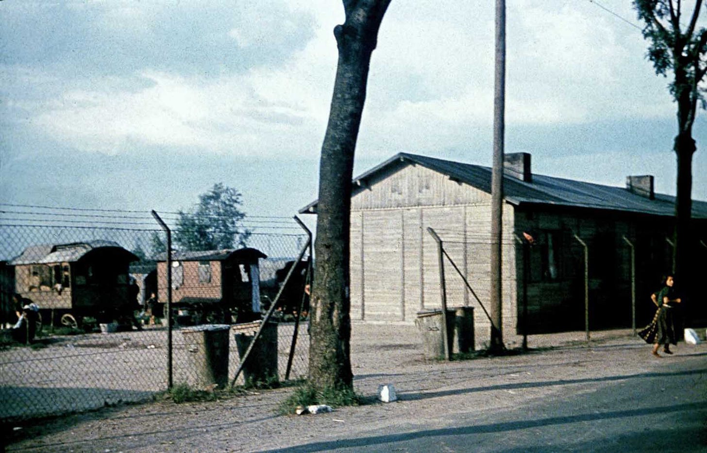 A woman runs outside a Sinti encampment, likely fleeing or reacting to the presence of the Racial Hygiene Research Center, 1940. A woman runs outside a Sinti encampment, likely fleeing or reacting to the presence of the Racial Hygiene Research Center, 1940.