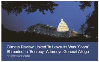 The image shows a prominent building, likely the United States Capitol, under a dusky sky, with a headline on the top right corner of the image suggesting a climate review linked to lawsuits and secrecy. AI-generated content may be incorrect.