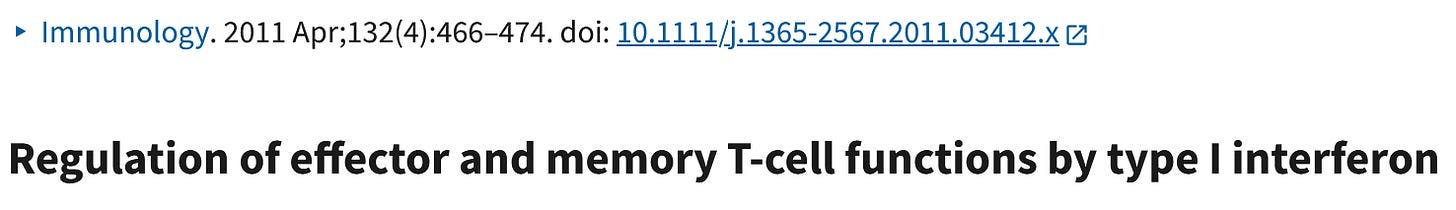 The screen shot of the title of a study labeled Regulation of effector and memory T-cell functions by type I interferon