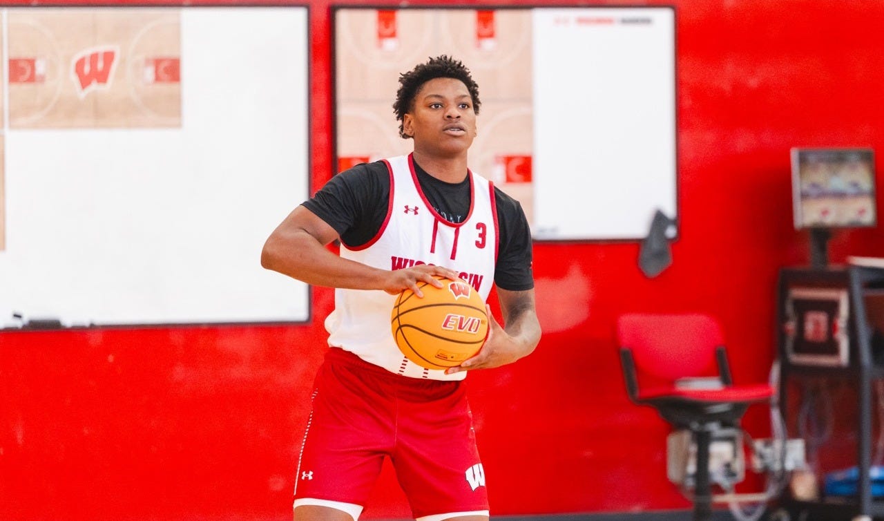 Wisconsin freshman LaTrevion Fenderson holds a basketball during practice in the Badgers training facility. Wisconsin freshman LaTrevion Fenderson holds a basketball during practice in the Badgers training facility.