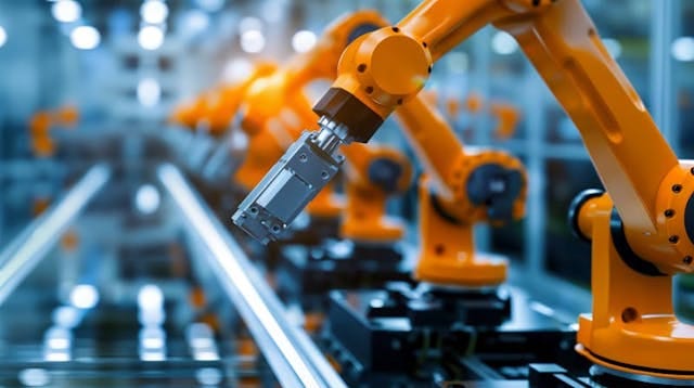 A row of orange robotic arms are shown working on an assembly line in a factory setting. A row of orange robotic arms are shown working on an assembly line in a factory setting.