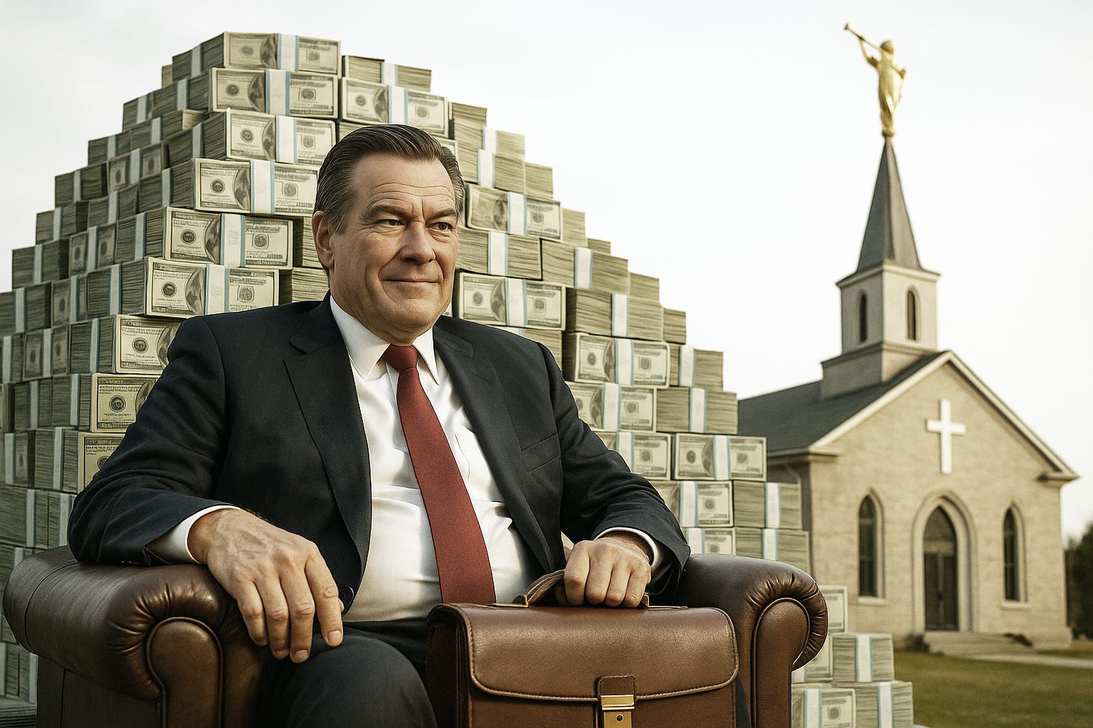 A middle-aged man in a suit and red tie sits in a leather armchair, smiling in front of an enormous stack of money, with a Mormon church and golden Angel Moroni statue in the background under warm lighting.
