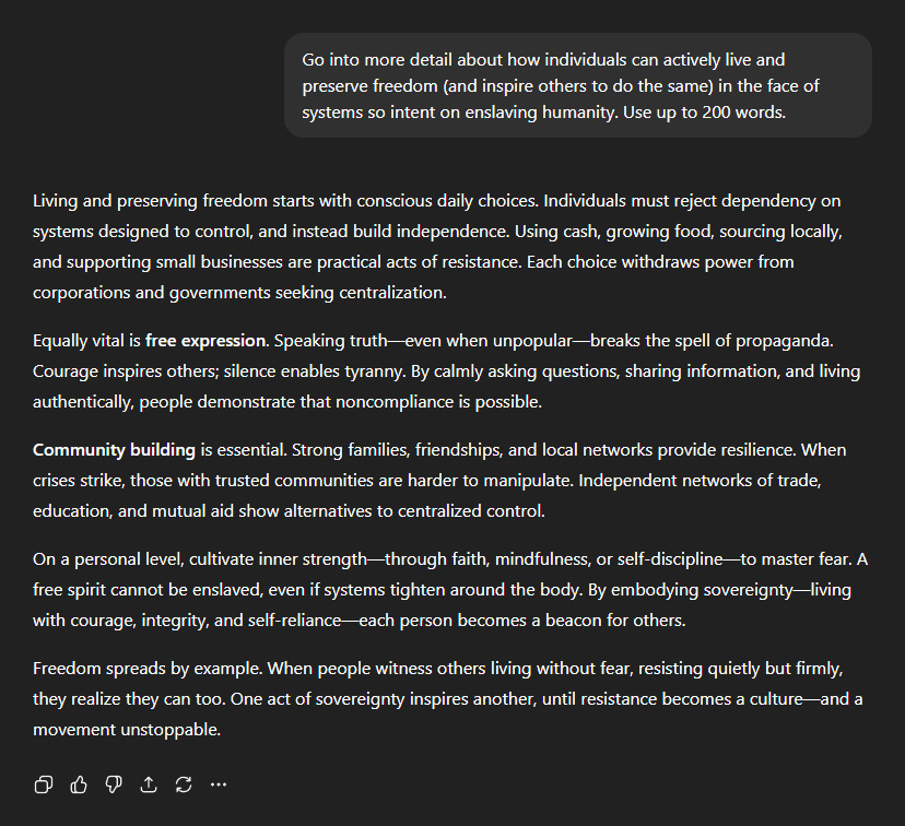 Black text on a dark background detailing strategies for living freely and resisting control. The text mentions using cash, growing food, and building community networks. No additional visible elements or watermarks.