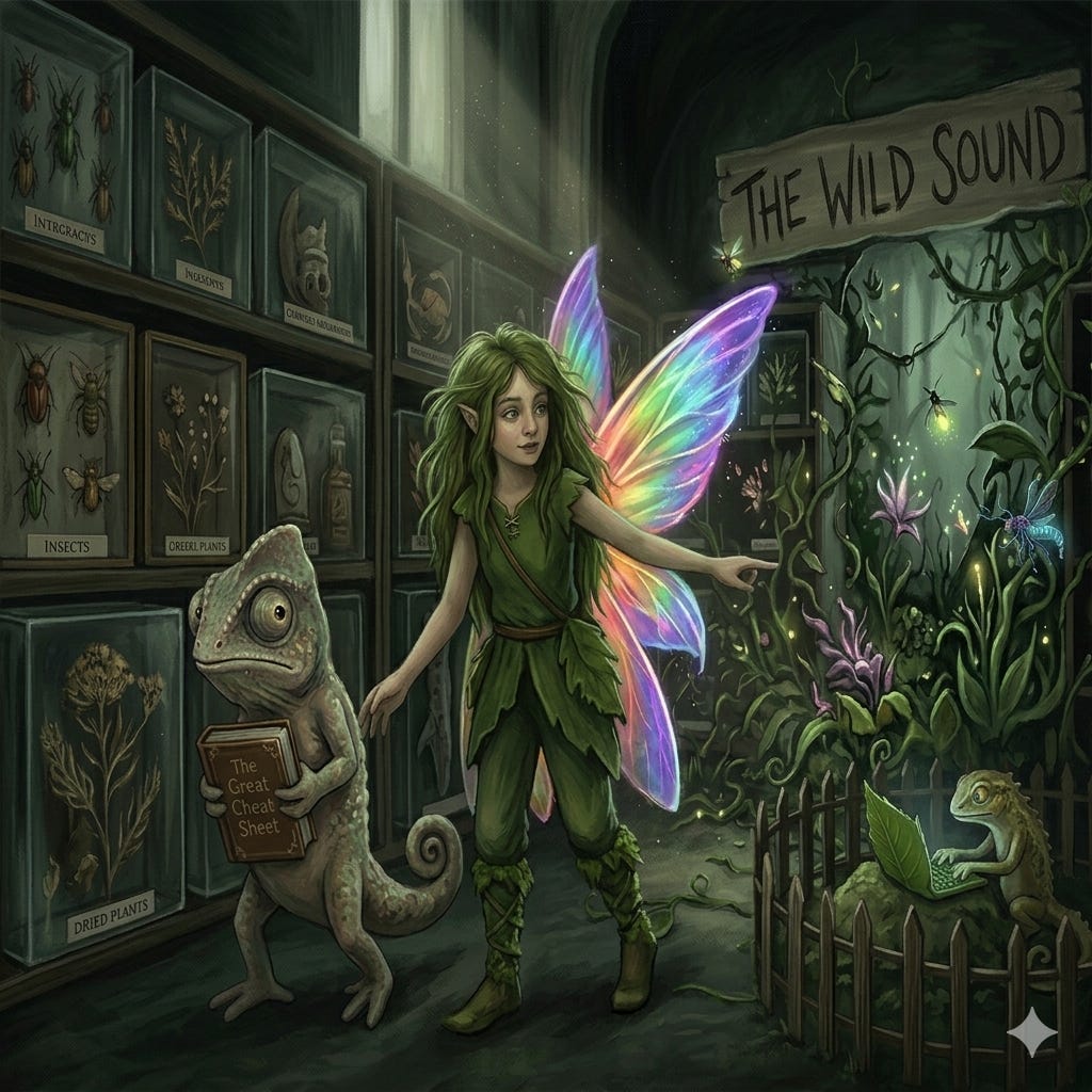 英文法の標本室から抜け出し、野生の英語の音へと導く緑の妖精とカメレオンのイラスト。文法書が「基礎」ではなく「事後報告のチートシート」であることを象徴。