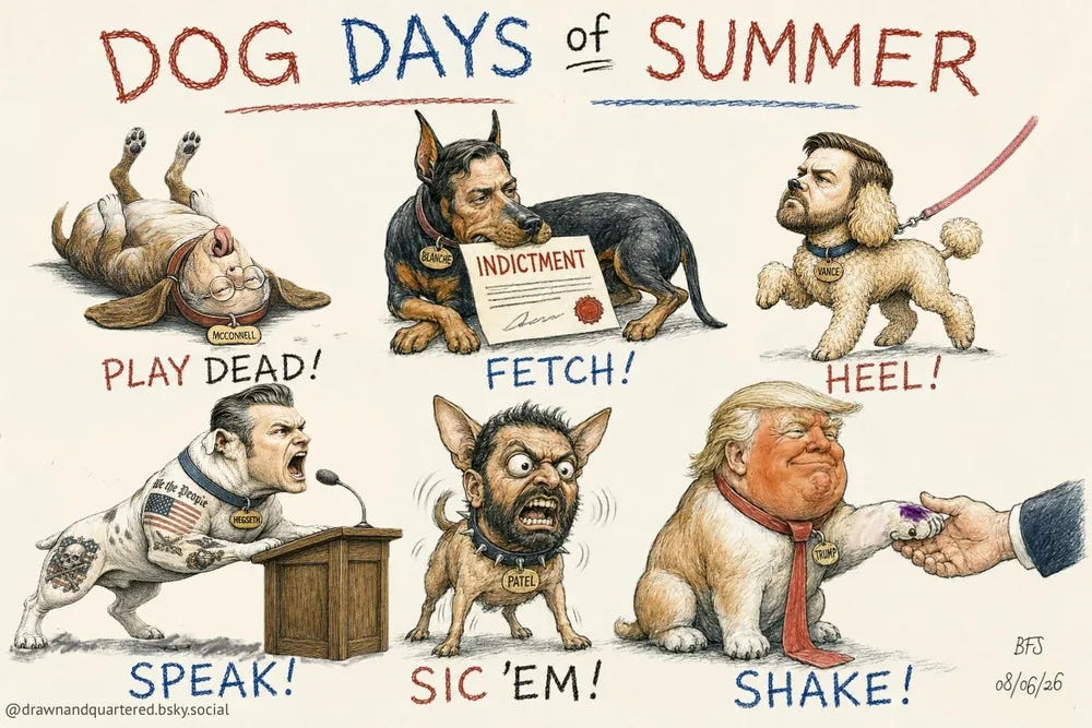 An editorial cartoon titled “Dog Days of Summer” shows six political figures as dogs, each performing a classic dog command. Mitch McConnell, as an old coonhound, lies on his back under “PLAY DEAD!” Todd Blanche, as a Doberman, carries an indictment under “FETCH!” JD Vance, as a toy poodle, walks obediently under “HEEL!” Pete Hegseth, as a muscular white American Bulldog, barks into a microphone under “SPEAK!” Kash Patel, as a wild-eyed Chihuahua, lunges under “SIC ’EM!” Donald Trump, as an overweight bulldog with a bruised front paw, extends it under “SHAKE!”. An editorial cartoon titled “Dog Days of Summer” shows six political figures as dogs, each performing a classic dog command. Mitch McConnell, as an old coonhound, lies on his back under “PLAY DEAD!” Todd Blanche, as a Doberman, carries an indictment under “FETCH!” JD Vance, as a toy poodle, walks obediently under “HEEL!” Pete Hegseth, as a muscular white American Bulldog, barks into a microphone under “SPEAK!” Kash Patel, as a wild-eyed Chihuahua, lunges under “SIC ’EM!” Donald Trump, as an overweight bulldog with a bruised front paw, extends it under “SHAKE!”.
