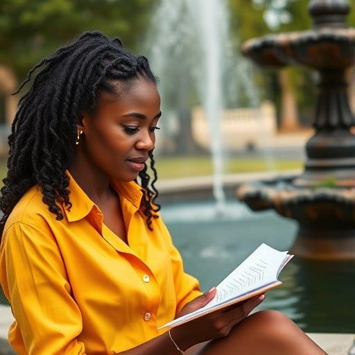 Young, youthful African American Woman wearing a deep yellow  shirt with all black hair writing a letter in the summertime by the fountain writing a letter