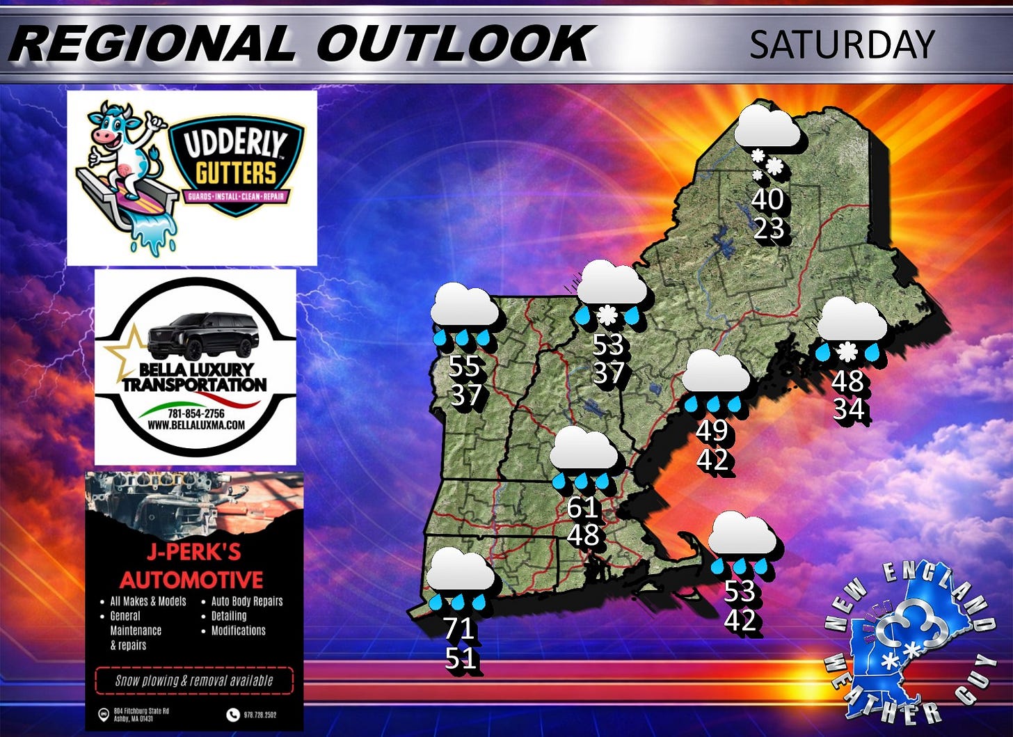 May be an image of map, video games and text that says 'REGIONAL OUTLOOK UDDERLY GUTTERS SHAADS-INSTALI- ALL-CLEAN- 新内醸 SATURDAY 40 23 BELLALUXURY TRANSPO TRANSPORTATION RTATION 81-854-2756 WWW.BELLALUXMA.COM COM 55 37 53 37 0 48 34 49 42 61 48 J-PERK'S AUTOMOTIVE Makes Models • Repairs General Detailin Mainten 自nce Modifications ications Tepairs Snowplewing&remova/aralable avasiable 71 51 用政政量 53 42 ENGLAND E'