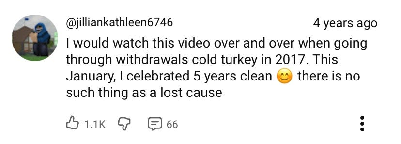 "I would watch this video over and over when going through withdrawals cold turkey in 2017. This January, I celebrated 5 years clean :) there is no such thing as a lost cause"