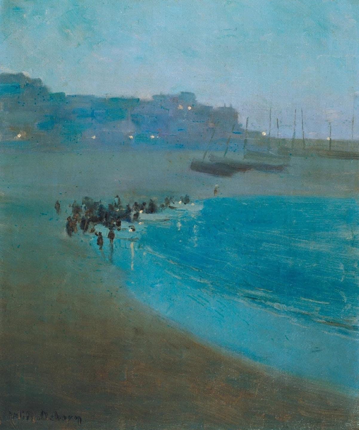 A painting of a beach at night

Description automatically generated