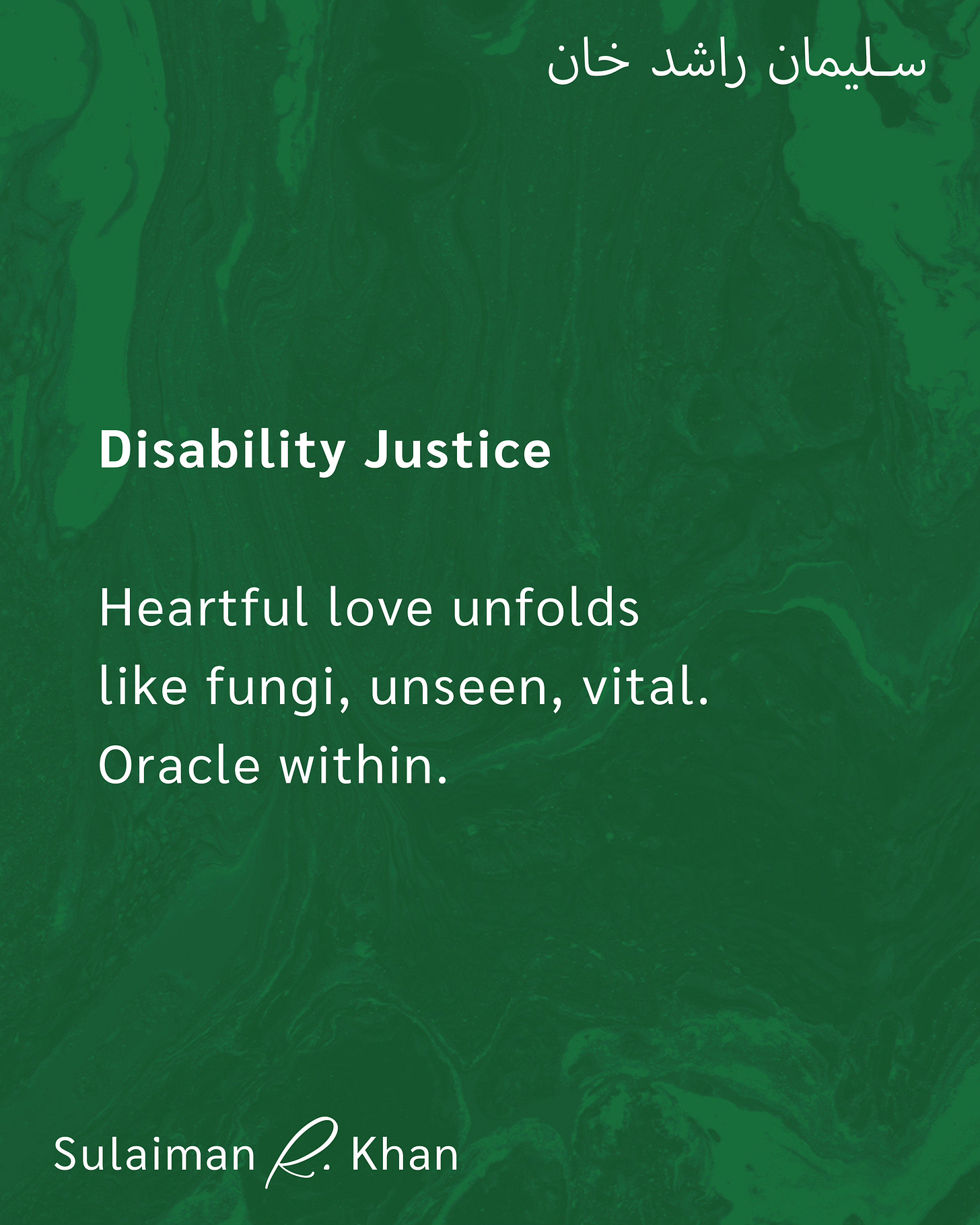Alt Text: White text of a Haiku on Disability Justice by Sulaiman that says, “Heartful love unfolds like fungi, unseen, vital. Oracle within.” Alt Text: White text of a Haiku on Disability Justice by Sulaiman that says, “Heartful love unfolds like fungi, unseen, vital. Oracle within.”