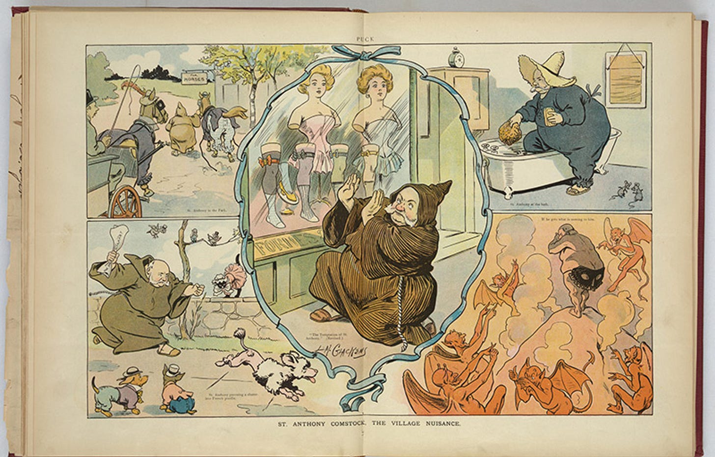Cartoon depicting a monk, frightened by women and demonic figures, surrounded by various humorous scenes. Titled ‘St Anthony Comstock: The Village Nuisance’. Cartoon depicting a monk, frightened by women and demonic figures, surrounded by various humorous scenes. Titled ‘St Anthony Comstock: The Village Nuisance’.