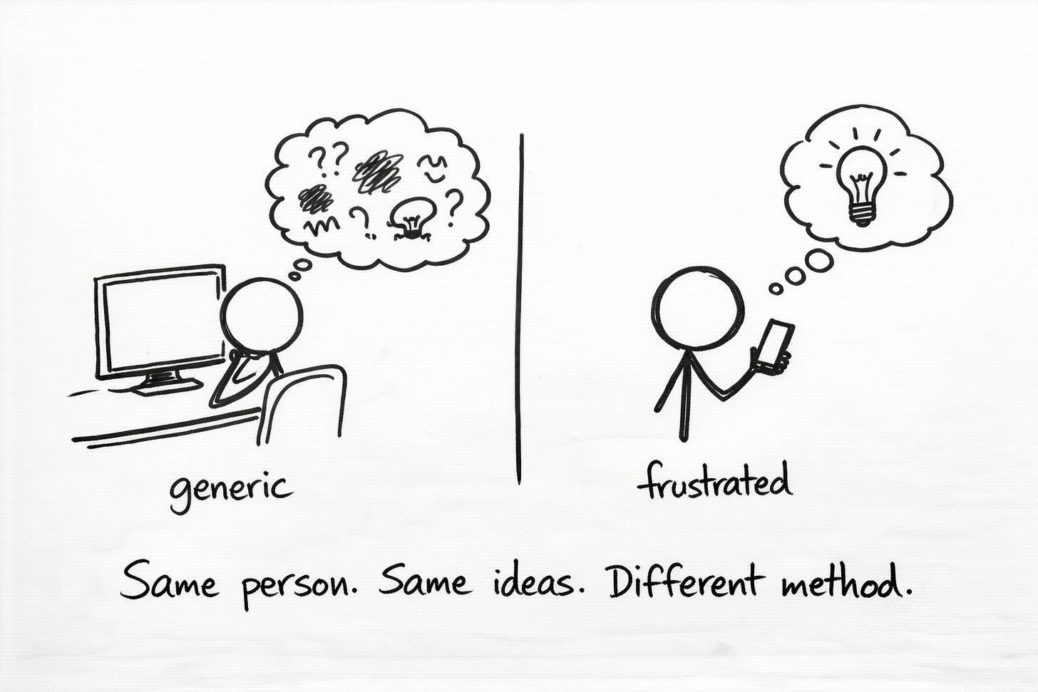 Two-panel whiteboard-style sketch. Left panel shows a stick figure staring at a blank computer screen with a thought bubble full of vague scribbles. Right panel shows the same figure holding a phone with a single clear idea in the thought bubble. Caption reads “Same person. Same ideas. Different method.”