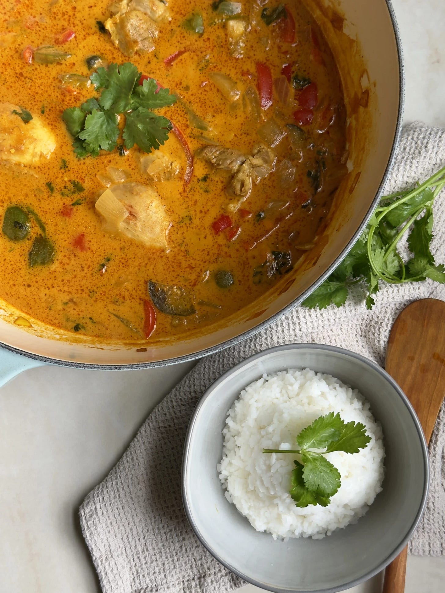 Red Thai coconut curry with white rice