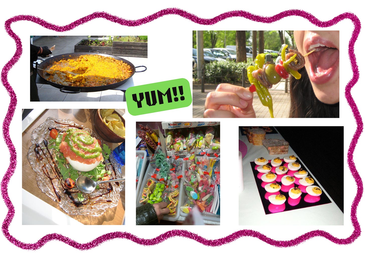 A colourful collage of food and sweets showing a large pan of paella, a person eating a skewer of olives, burrata, a display of candy, and a tray of devilled eggs.