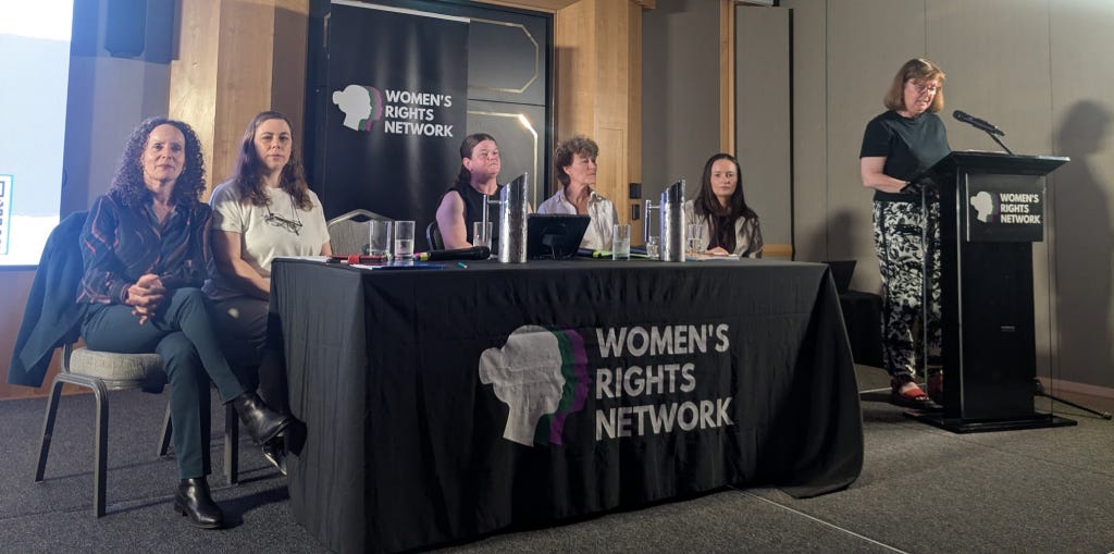 Left to right: Fiona McAnena of Sex Matters, Sorcha nic Lochlainn of The Countess, Danielle Loughrey of Gaels For Fair Play, Marianne Driessen of Athena Forum and Nora Calder of WRN NI. At the podium is Catherine McGinty, a journalist with The Derry News, who moderated the event Left to right: Fiona McAnena of Sex Matters, Sorcha nic Lochlainn of The Countess, Danielle Loughrey of Gaels For Fair Play, Marianne Driessen of Athena Forum and Nora Calder of WRN NI. At the podium is Catherine McGinty, a journalist with The Derry News, who moderated the event