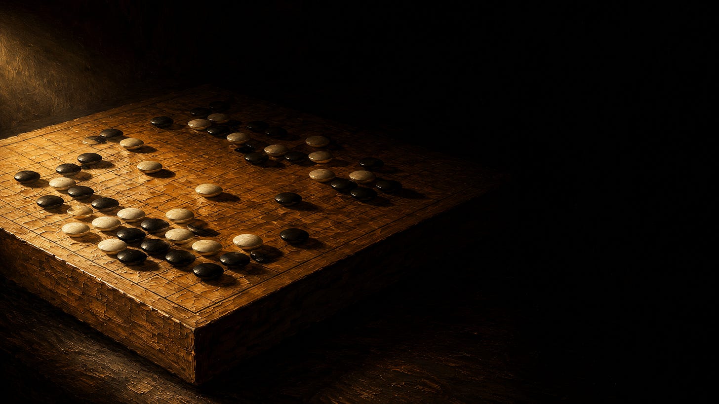 A GO game board lit from the left side by a beam of light entering the otherwise dark room.