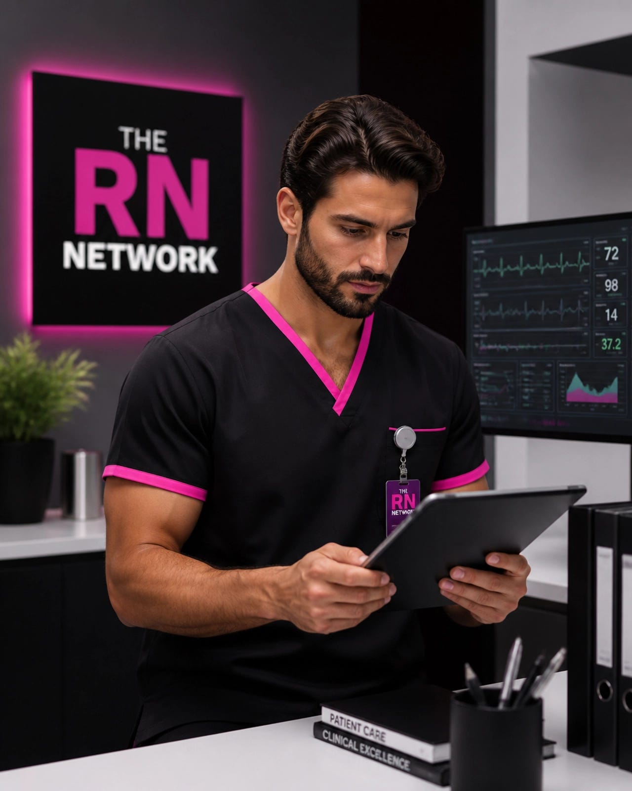 A focused male nurse in black and pink scrubs using a tablet for remote patient monitoring. A focused male nurse in black and pink scrubs using a tablet for remote patient monitoring.