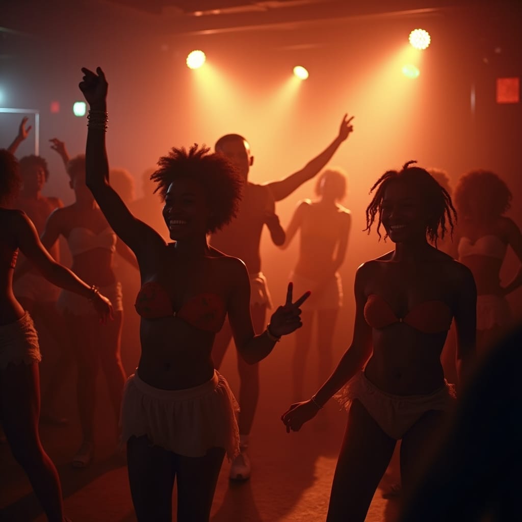Diverse group of energetic black people dancing to Dancehall music in a vibrant Jamaican nightclub, circa 1980s, captured as a cinematic film still, shot on 35mm film with a v-raptor XL camera, featuring warm, golden lighting, a shallow depth of field, and a subtle film grain, with a vignette effect and rich, bold colors, reminiscent of the works of cinematographers Emmanuel Lubezki and Bradford Young, with a dash of Sofia Coppola's atmospheric and moody aesthetic, evoking the dynamism and excitement of the Dancehall era.