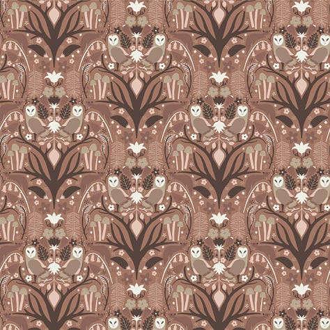 Five patterns, one half-drop damask with forest flora and fauna and in a moccha mousse palette, one scattered repeat with forest flora and fauna in a darker brown palette, including moccha mouse, one bright pattern of trees, one cheater quilt block in a blue-grey and one hand-drawn stripe in brown.