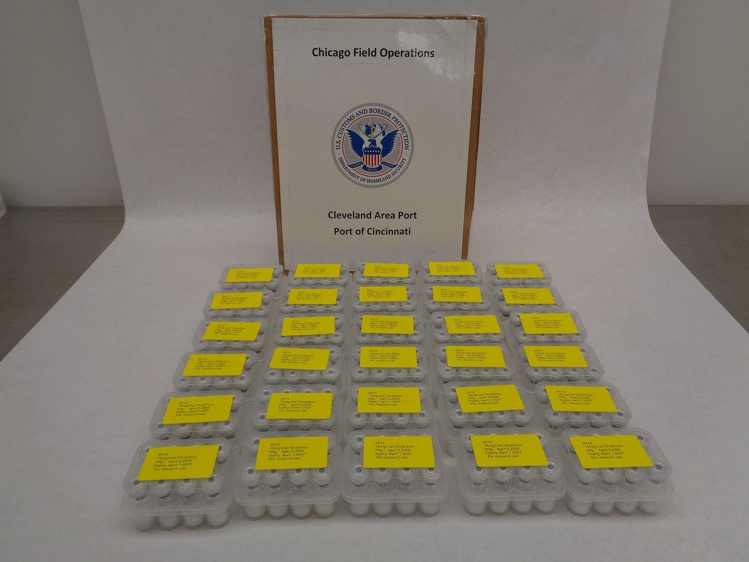 This photo shows some of the fake pharmaceuticals seized by the CBP & FDA in Cincinnati in August 2025.