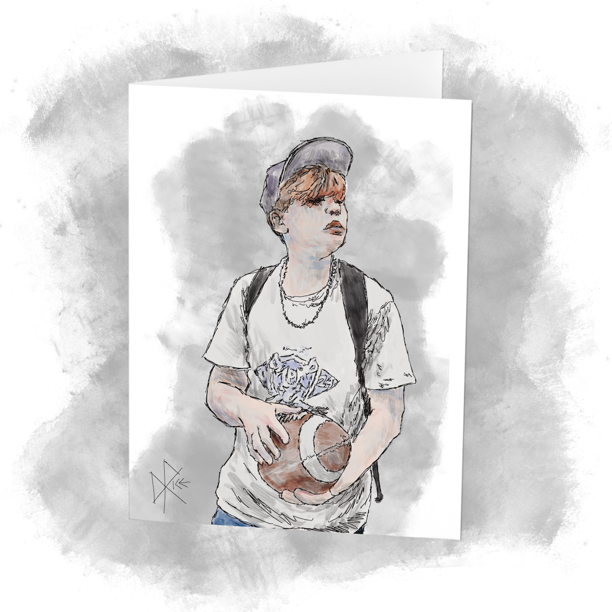 A boy wearing a ball cap and backpack while holding a football in his hands, peering through his orange-dyed bangs. Sketch art by Don Rice.