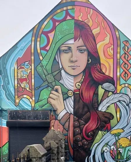 Brigid of Faughart Mural, depicting Brigid as half goddess, half saint