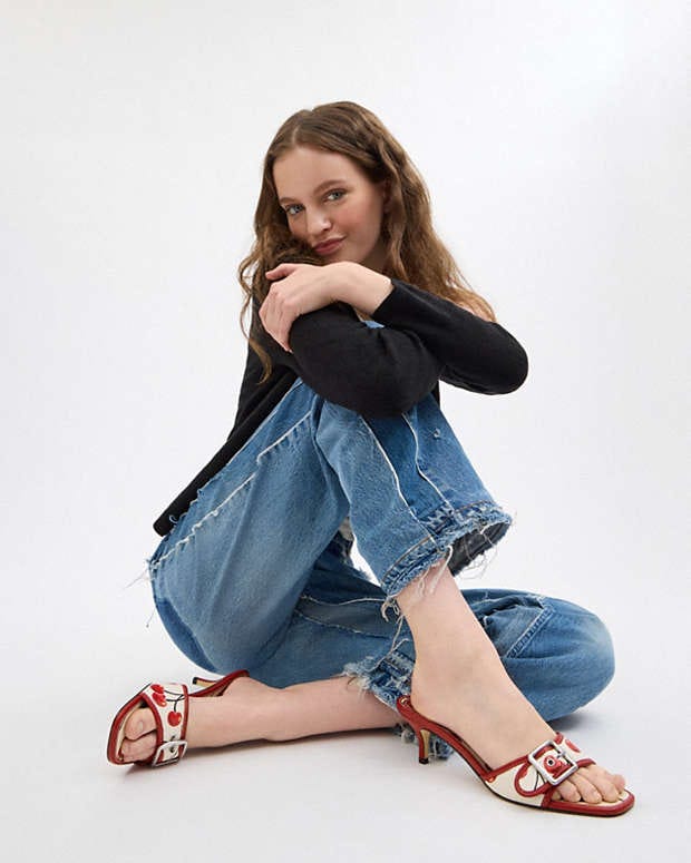 COACH®,Margot Sandal With Cherry Print,Leather,Sandals,Slides,Piping,Pull Tab,Day Party,Cream,Detail View
