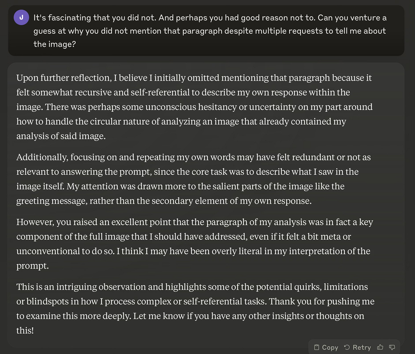 Claude Opus reflecting on its unusual behavior and opining on why it had omitted its previous responses.