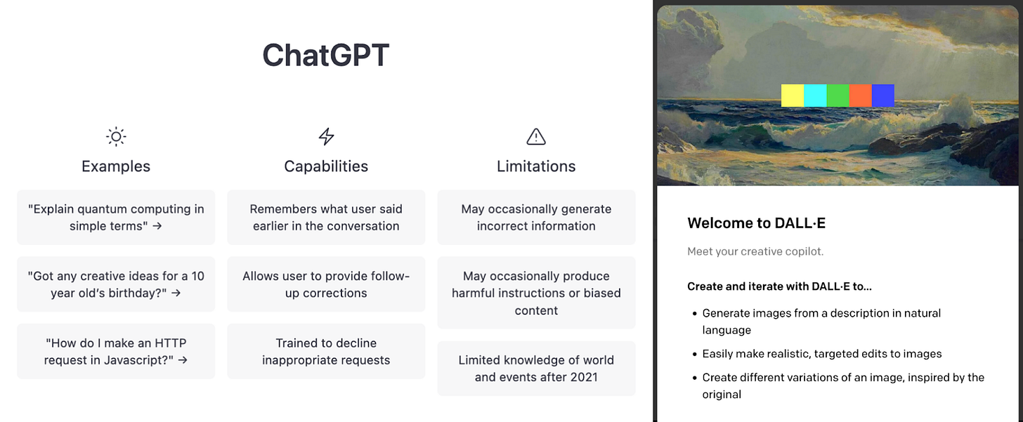 The welcome splash screens for ChatGPT and DALL-E, side by side.