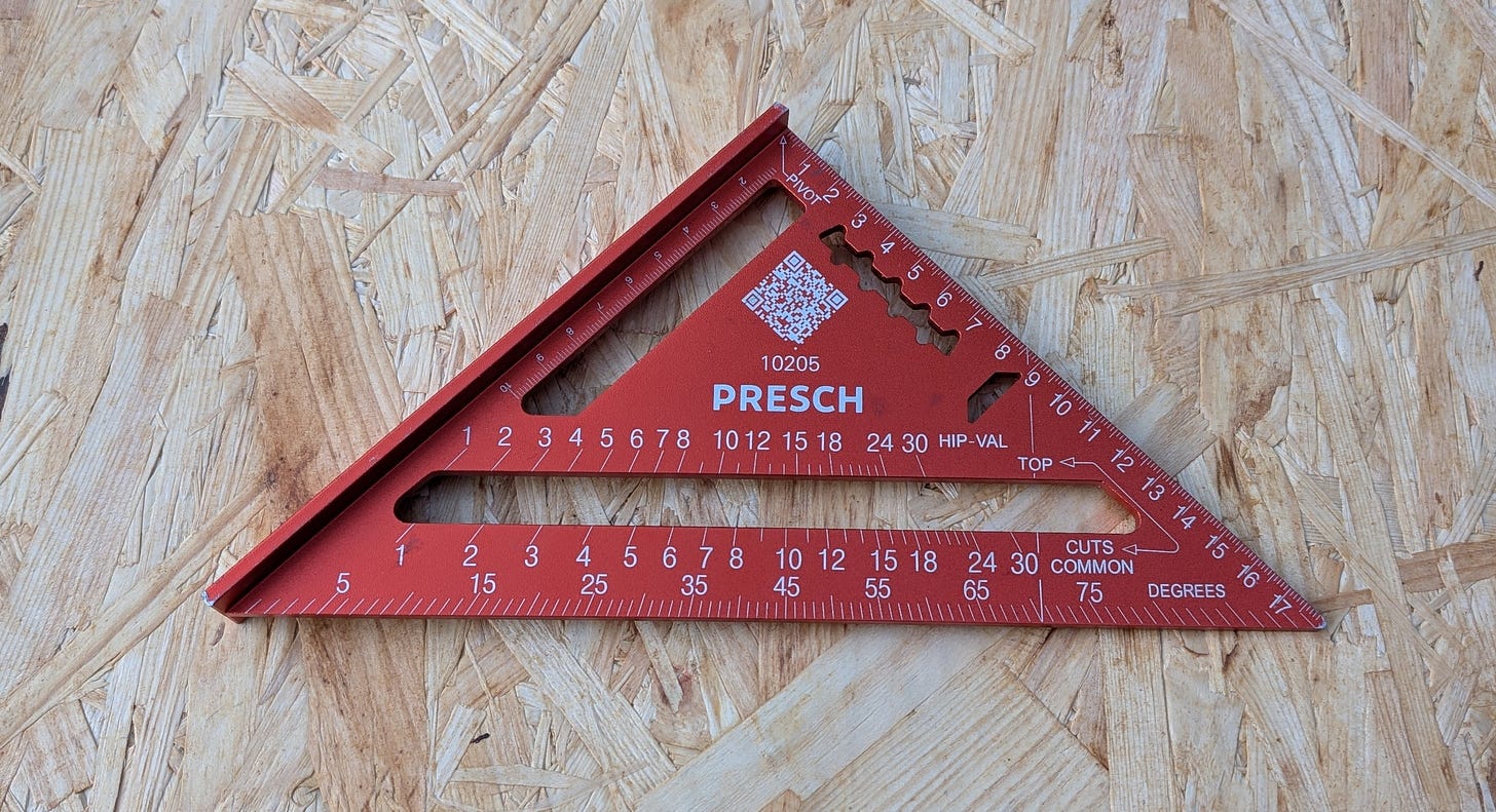 Presch carpenter's square on a wooden surface, showing its versatile measurement and marking features. Presch carpenter's square on a wooden surface, showing its versatile measurement and marking features.