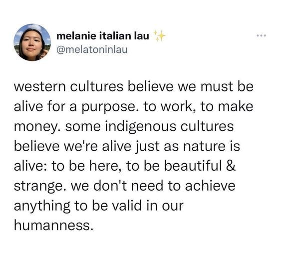 “Western cultures believe that we must be alive for a purpose, to work, to make money. Some indigenous cultures believe we’re alive just as nature is alive: to be here, to be beautiful & strange. we don’t need to achieve anything to be valid in our humanness.”