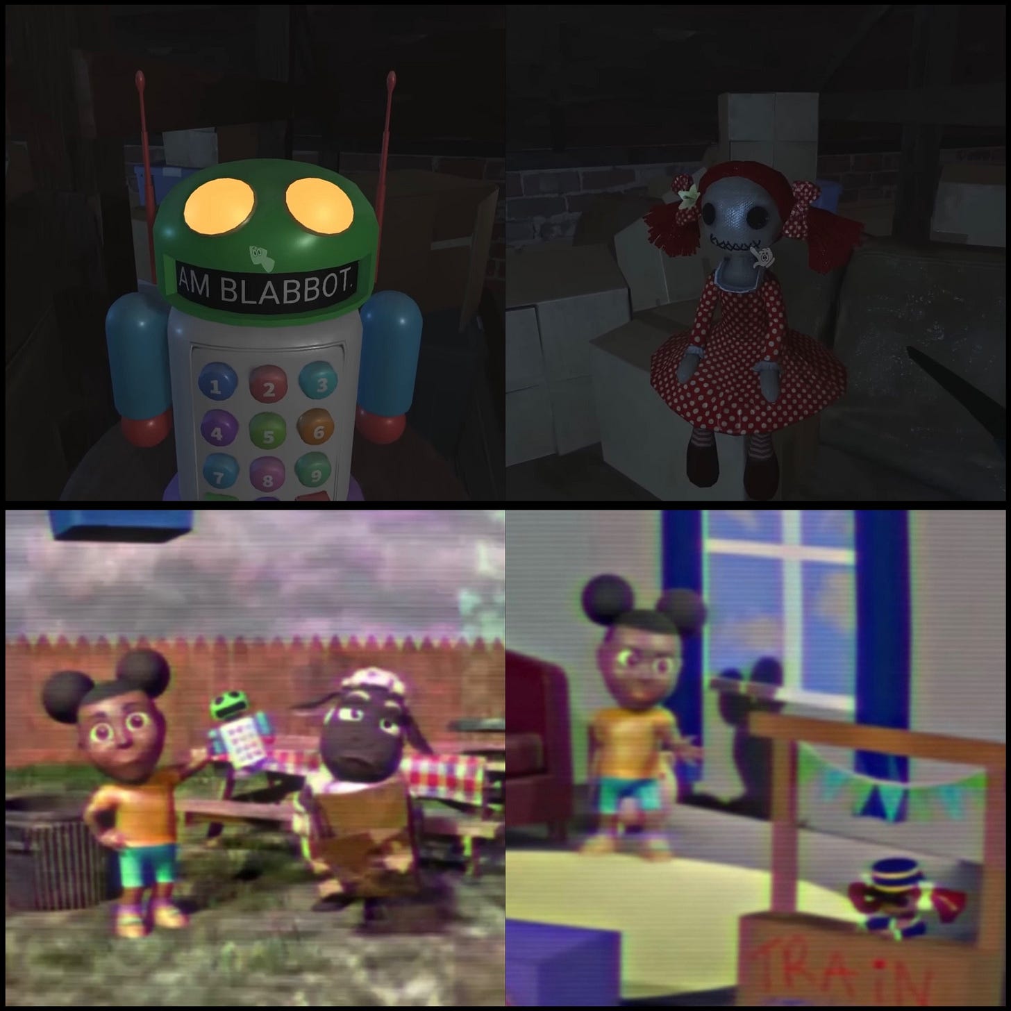 Top: Blabbot and Gret-chan as seen in Kate's attic.

Bottom: Blabbot and Gret-chan seen within the tapes themselves.